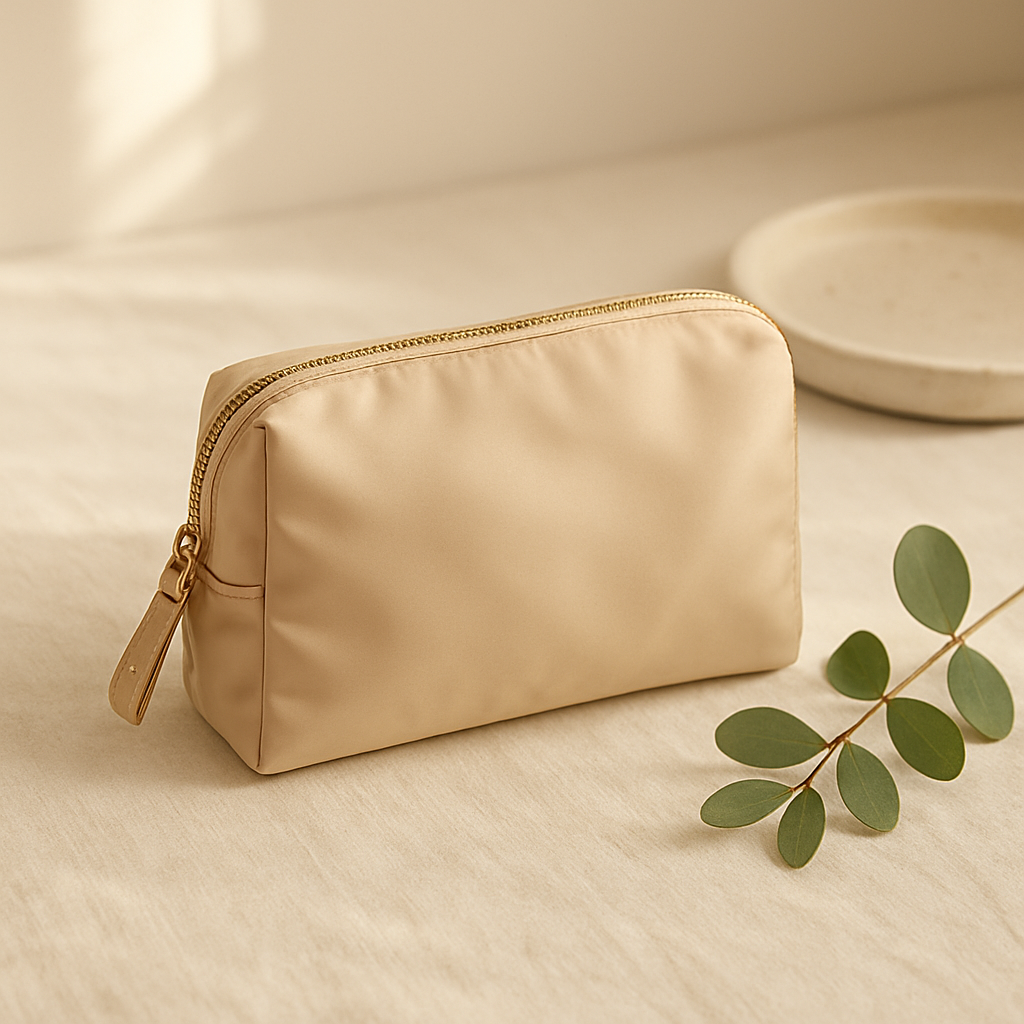 Structured nylon cosmetic pouch (wipe-clean, wide opening)