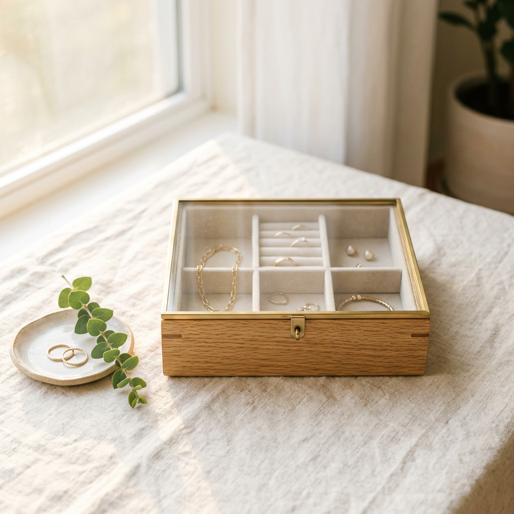 SONGMICS GISELLA 3-Layer Jewelry Box Organizer with Glass Lid, Cloud White and Gold