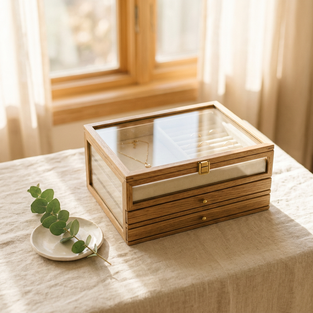 SONGMICS 4-Layer Jewelry Box Organizer with Glass Lid, Cloud White and Gold