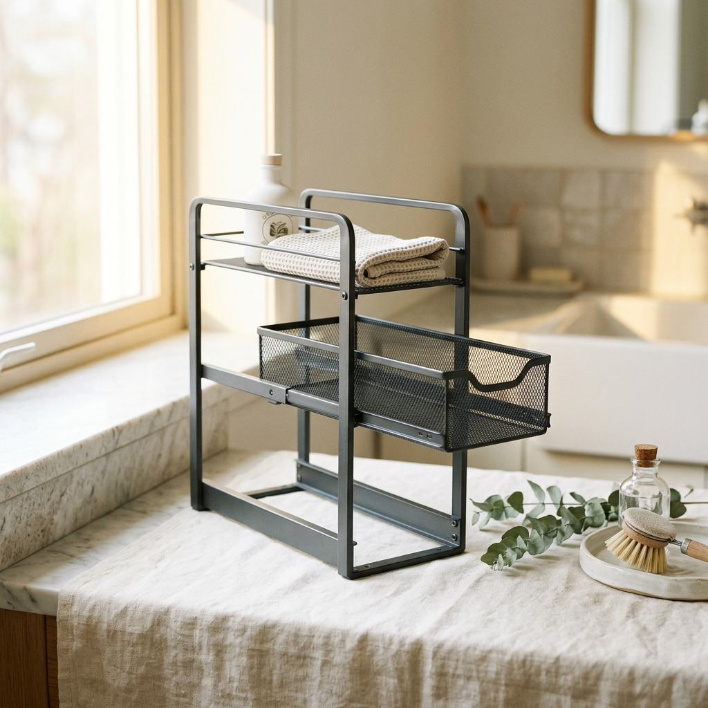 PXRACK Under Sink Organizer 2-Tier Pull Out Adjustable Height, White Large 2-Pack